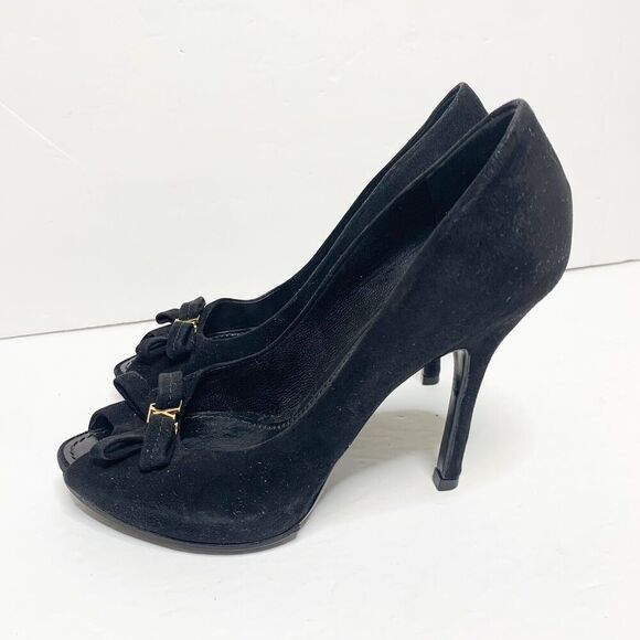 Louis Vuitton 37 7 Pumps Black Suede Peep Toe Stiletto Heels Logo Classic - Picture 4 of 6